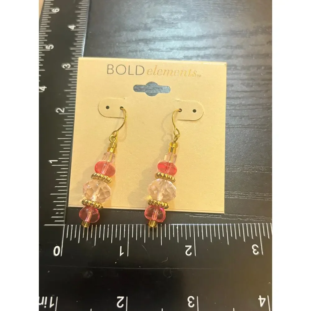 Bold Elements Pink Beaded Dangle Earrings Gold Tone NWT